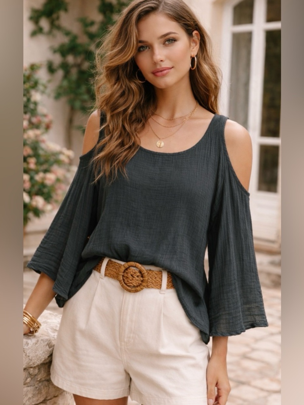 100% Cotton Boho Gauze Cold Shoulder Blouse, Size L